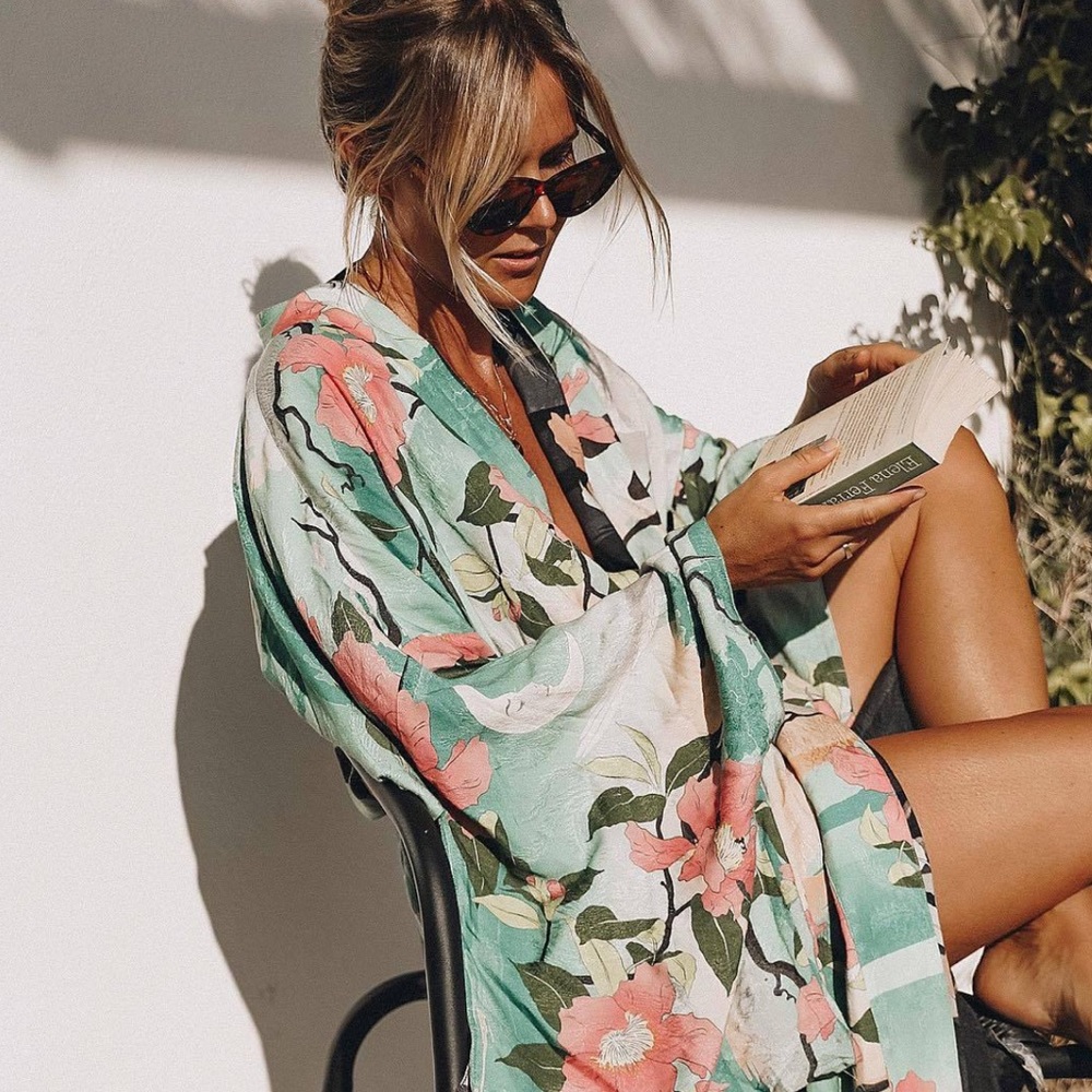 Bohemian Gypsy Floral Bird Pattern Oversized Resort Beach Maxi Long Kimono - Picture 6 of 6